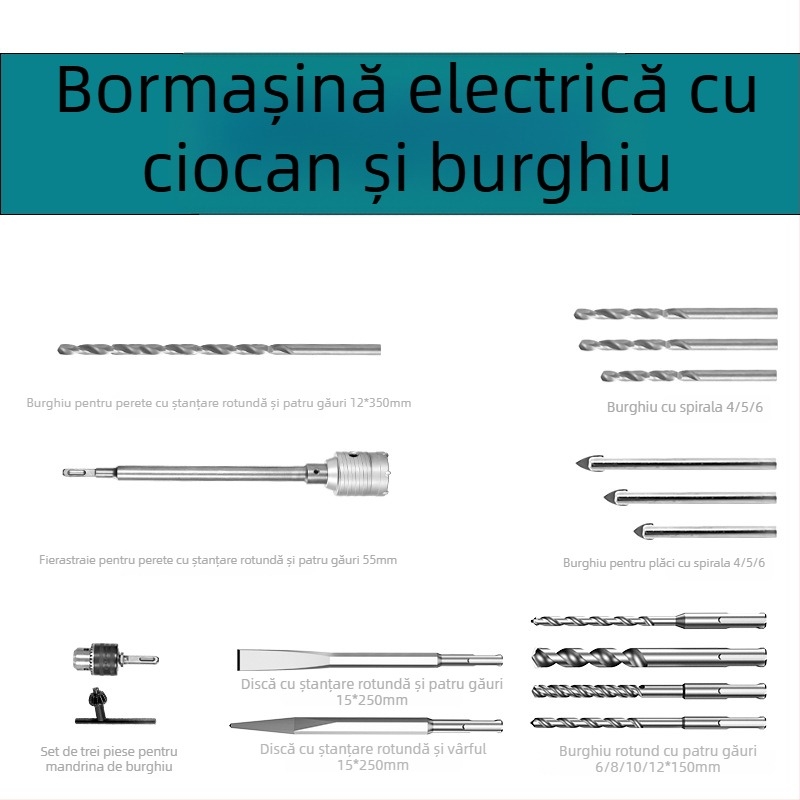 Xuxuan Set burghii ciocan: burghie spirală și triunghiulare, deschizător găuri pentru pereți, mâner pătrat și mâner rotund, kit cu 3 piese pentru mandrină
