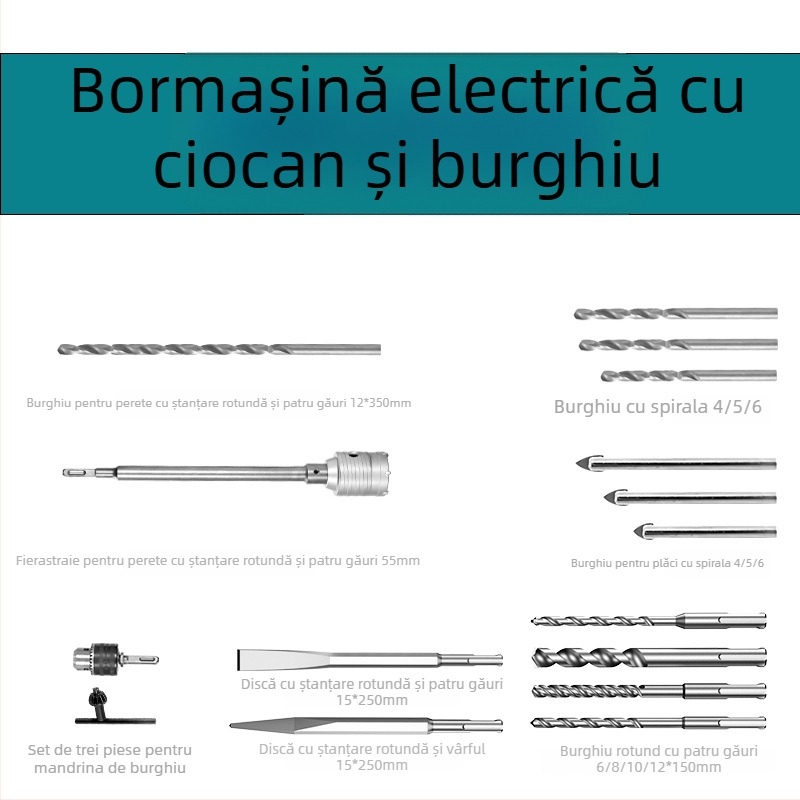 Xuxuan Set burghii ciocan: burghie spirală și triunghiulare, deschizător găuri pentru pereți, mâner pătrat și mâner rotund, kit cu 3 piese pentru mandrină