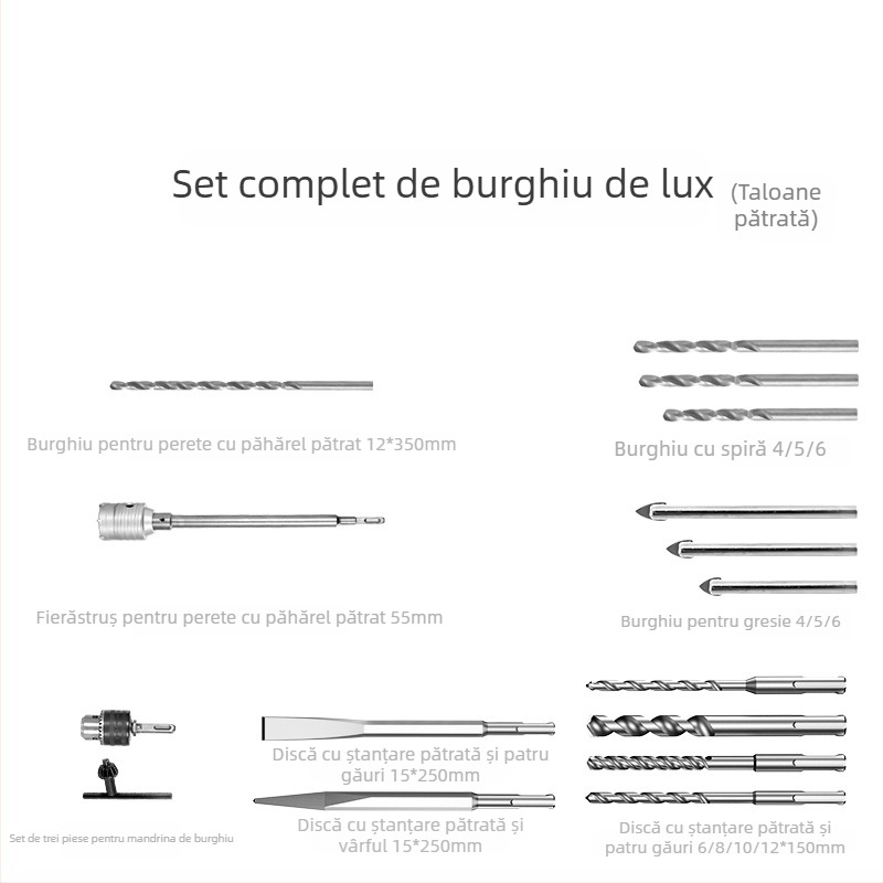 Xuxuan Set burghii ciocan: burghie spirală și triunghiulare, deschizător găuri pentru pereți, mâner pătrat și mâner rotund, kit cu 3 piese pentru mandrină