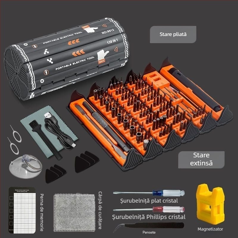 Set șurubelnițe electrice de precizie 138-in-1 pentru demontare, uz casnic, versiune actualizată cu set de 6 piese și biti întărite, oțel din carbon