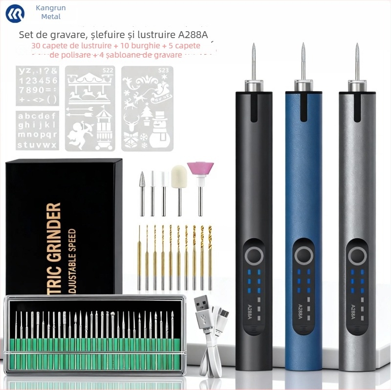 Pix de gravură electric cu iluminare – Kangrun A288A, baterie Li‑ion reîncărcabilă 3,7V, trei viteze, Include cablu de încărcare și șablon