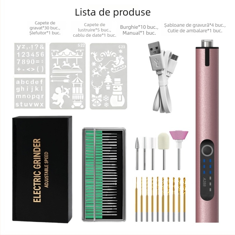 Pix de gravură electric cu iluminare – Kangrun A288A, baterie Li‑ion reîncărcabilă 3,7V, trei viteze, Include cablu de încărcare și șablon