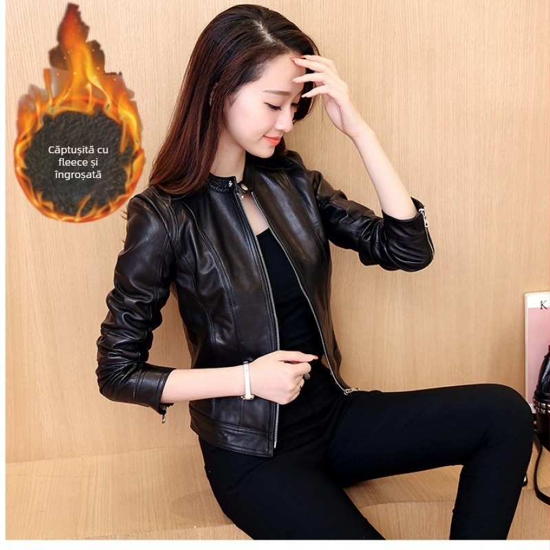 Jachetă PU pentru femei, croială Slim, guler înalt, fermoar, lungime scurtă