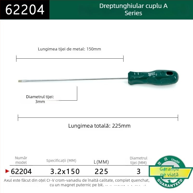 Șurubelniță cu cap plat, seria A, model 62202-222, mâner din plastic, oțel crom-vanadiu, magnet puternic
