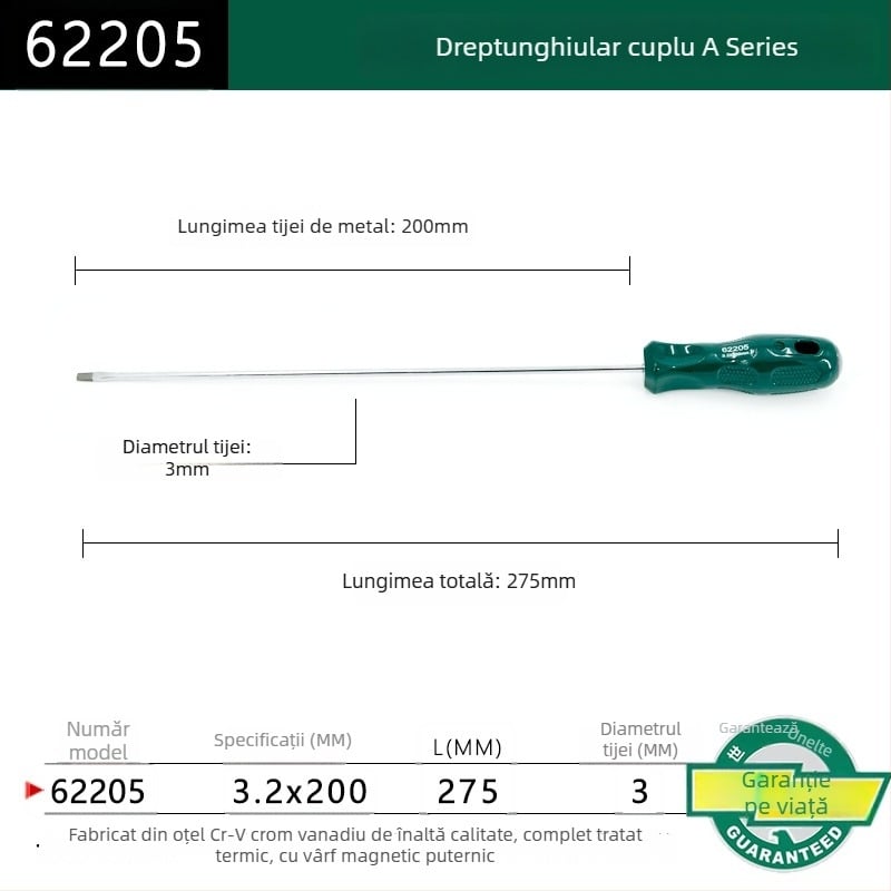 Șurubelniță cu cap plat, seria A, model 62202-222, mâner din plastic, oțel crom-vanadiu, magnet puternic