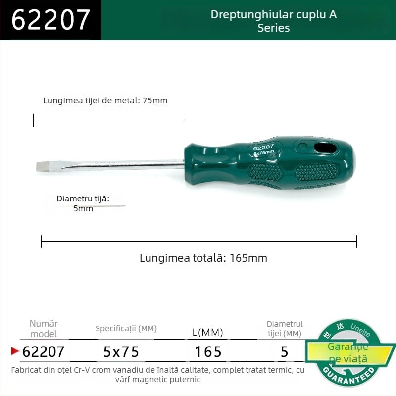 Șurubelniță cu cap plat, seria A, model 62202-222, mâner din plastic, oțel crom-vanadiu, magnet puternic