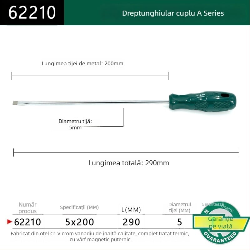Șurubelniță cu cap plat, seria A, model 62202-222, mâner din plastic, oțel crom-vanadiu, magnet puternic