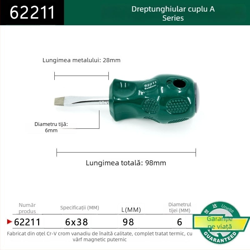 Șurubelniță cu cap plat, seria A, model 62202-222, mâner din plastic, oțel crom-vanadiu, magnet puternic
