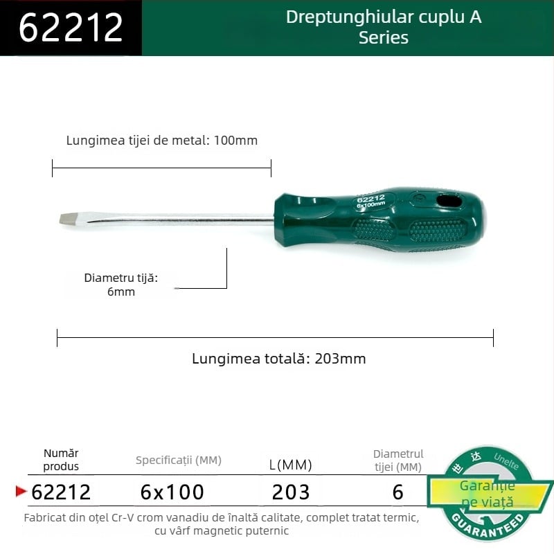 Șurubelniță cu cap plat, seria A, model 62202-222, mâner din plastic, oțel crom-vanadiu, magnet puternic