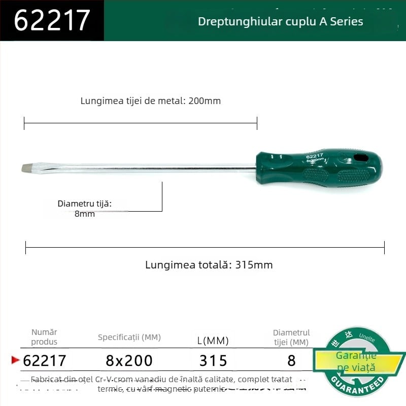 Șurubelniță cu cap plat, seria A, model 62202-222, mâner din plastic, oțel crom-vanadiu, magnet puternic