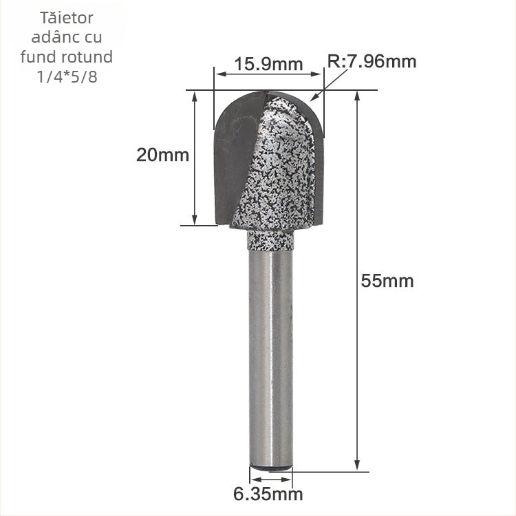 Freză pentru lemn, aliaj tungsten, bază profund rotund extins, sablată