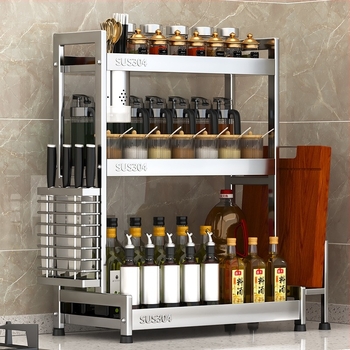 Raft pentru condimente cu suport pentru cuțite și depozitare pentru sticle de sos de soia – oțel inoxidabil 304, montaj fără găurire