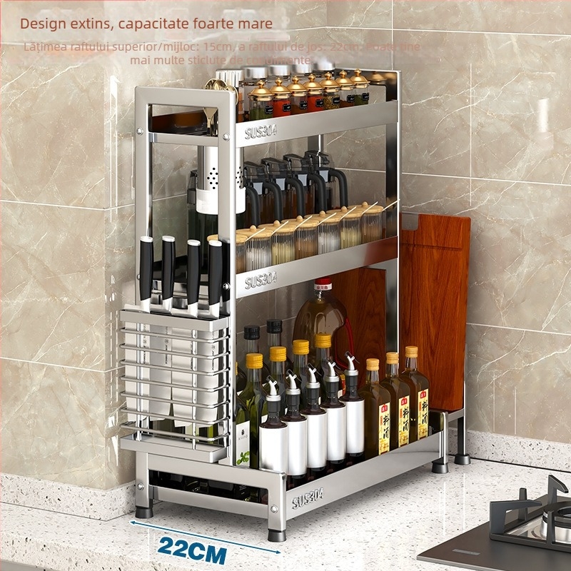 Raft pentru condimente cu suport pentru cuțite și depozitare pentru sticle de sos de soia – oțel inoxidabil 304, montaj fără găurire