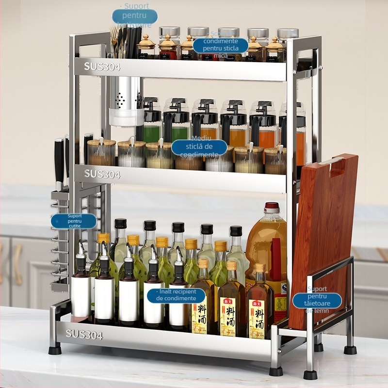 Raft pentru condimente cu suport pentru cuțite și depozitare pentru sticle de sos de soia – oțel inoxidabil 304, montaj fără găurire
