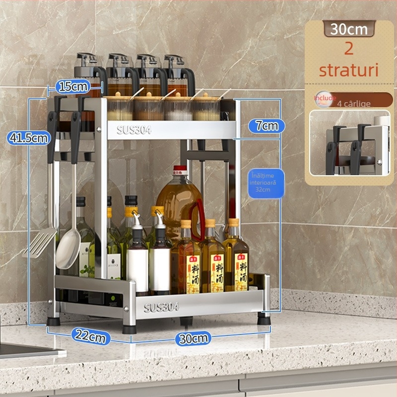 Raft pentru condimente cu suport pentru cuțite și depozitare pentru sticle de sos de soia – oțel inoxidabil 304, montaj fără găurire