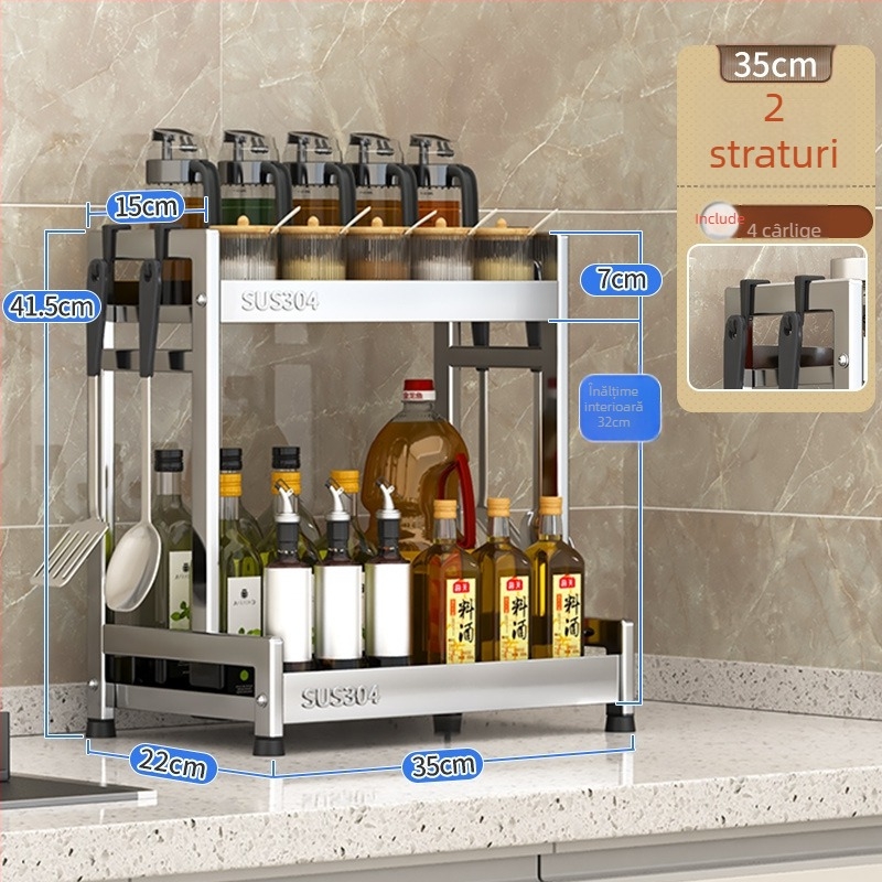 Raft pentru condimente cu suport pentru cuțite și depozitare pentru sticle de sos de soia – oțel inoxidabil 304, montaj fără găurire