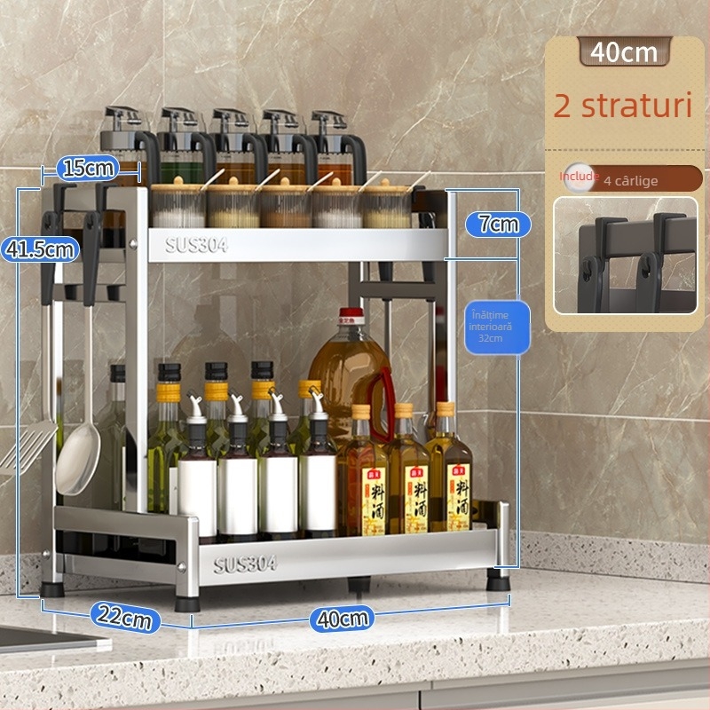 Raft pentru condimente cu suport pentru cuțite și depozitare pentru sticle de sos de soia – oțel inoxidabil 304, montaj fără găurire
