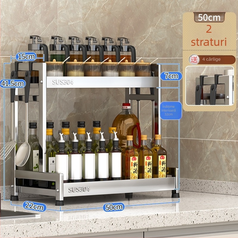 Raft pentru condimente cu suport pentru cuțite și depozitare pentru sticle de sos de soia – oțel inoxidabil 304, montaj fără găurire