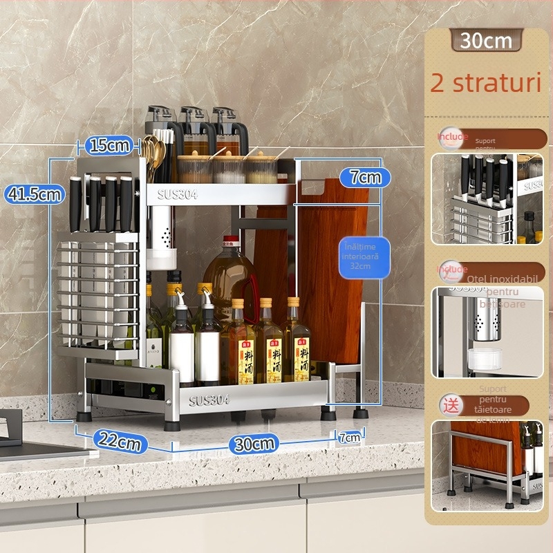 Raft pentru condimente cu suport pentru cuțite și depozitare pentru sticle de sos de soia – oțel inoxidabil 304, montaj fără găurire