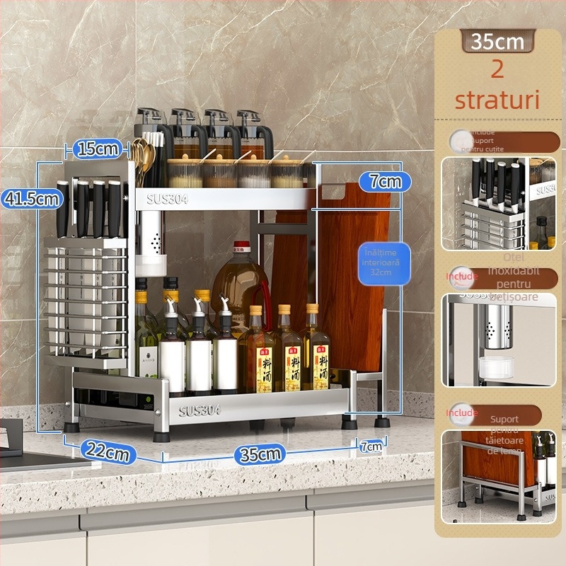 Raft pentru condimente cu suport pentru cuțite și depozitare pentru sticle de sos de soia – oțel inoxidabil 304, montaj fără găurire