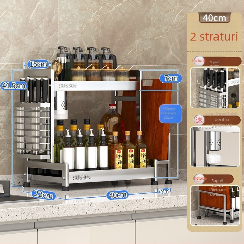 Raft pentru condimente cu suport pentru cuțite și depozitare pentru sticle de sos de soia – oțel inoxidabil 304, montaj fără găurire