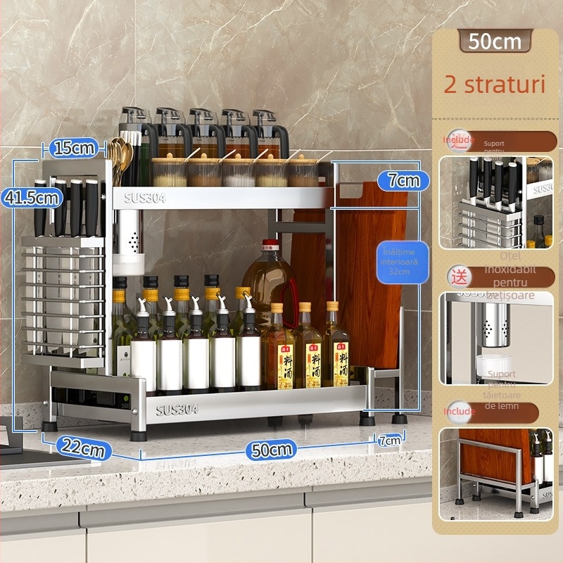 Raft pentru condimente cu suport pentru cuțite și depozitare pentru sticle de sos de soia – oțel inoxidabil 304, montaj fără găurire