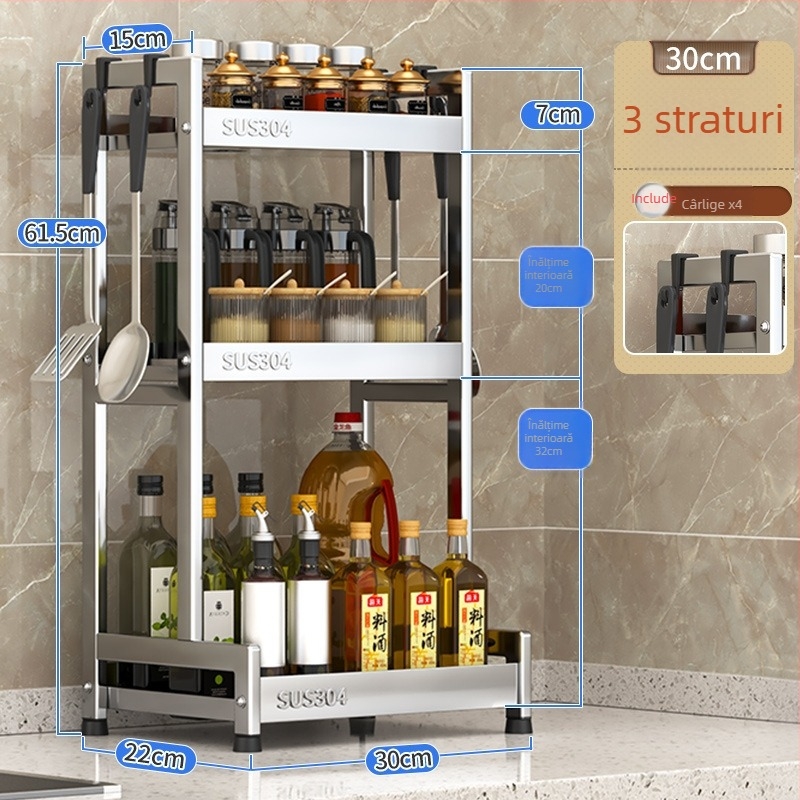 Raft pentru condimente cu suport pentru cuțite și depozitare pentru sticle de sos de soia – oțel inoxidabil 304, montaj fără găurire