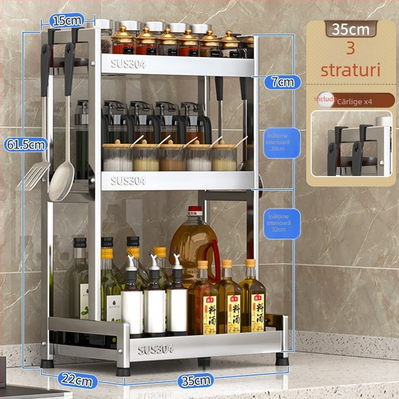 Raft pentru condimente cu suport pentru cuțite și depozitare pentru sticle de sos de soia – oțel inoxidabil 304, montaj fără găurire