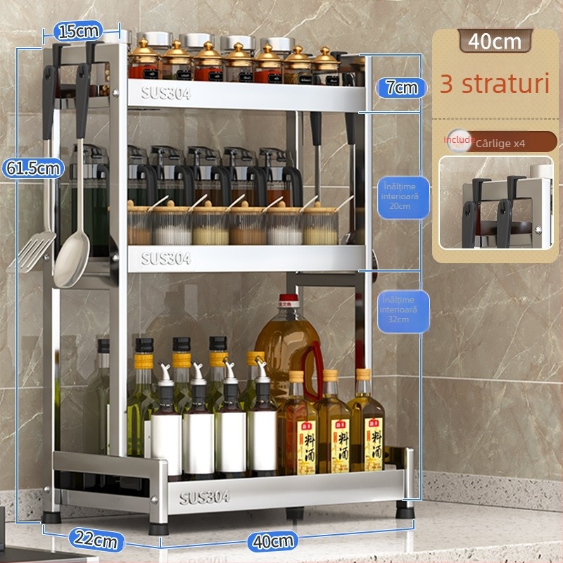 Raft pentru condimente cu suport pentru cuțite și depozitare pentru sticle de sos de soia – oțel inoxidabil 304, montaj fără găurire