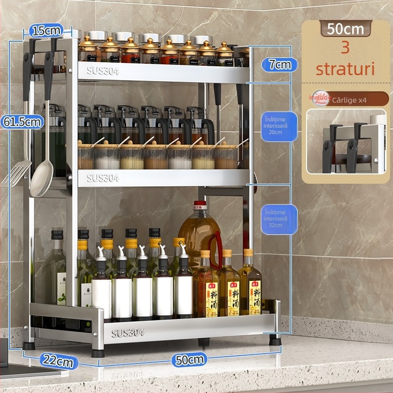 Raft pentru condimente cu suport pentru cuțite și depozitare pentru sticle de sos de soia – oțel inoxidabil 304, montaj fără găurire