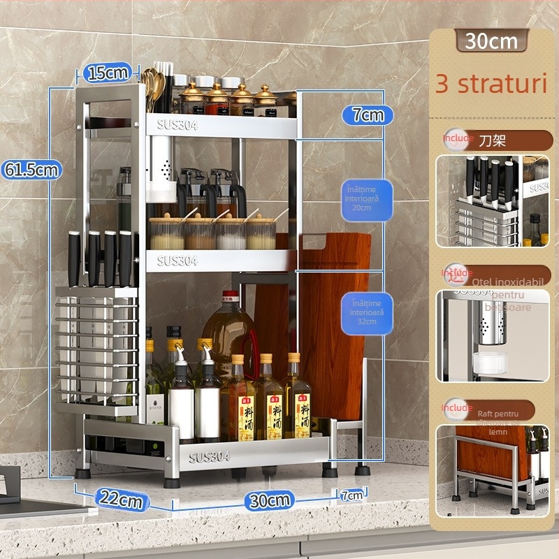 Raft pentru condimente cu suport pentru cuțite și depozitare pentru sticle de sos de soia – oțel inoxidabil 304, montaj fără găurire