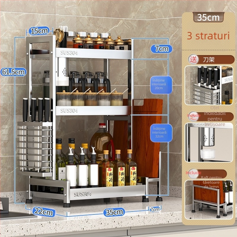 Raft pentru condimente cu suport pentru cuțite și depozitare pentru sticle de sos de soia – oțel inoxidabil 304, montaj fără găurire