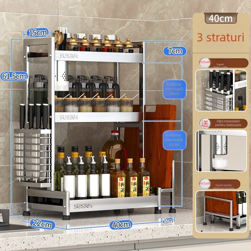 Raft pentru condimente cu suport pentru cuțite și depozitare pentru sticle de sos de soia – oțel inoxidabil 304, montaj fără găurire