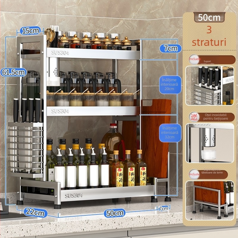 Raft pentru condimente cu suport pentru cuțite și depozitare pentru sticle de sos de soia – oțel inoxidabil 304, montaj fără găurire
