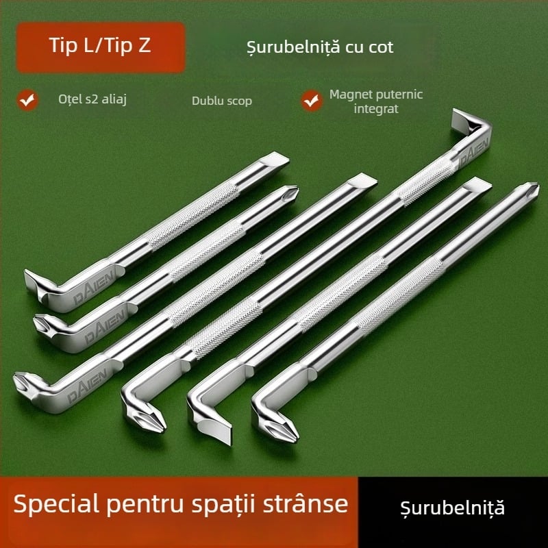 Dane șurubelniță de cot, magnetică, cu forme Z și L, cu bituri cruciforme și hex (Allen), 90° îndoire, din oțel Cr-V