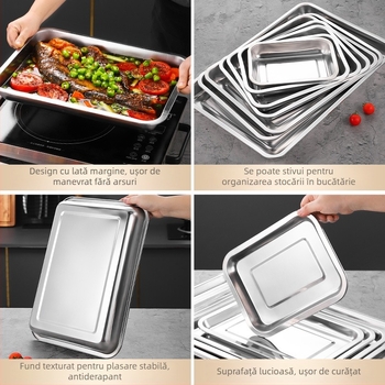 Tavă dreptunghiulară din oțel inoxidabil 304, îngroșată, pentru fructe, grătar, aburire orez, servire ceai