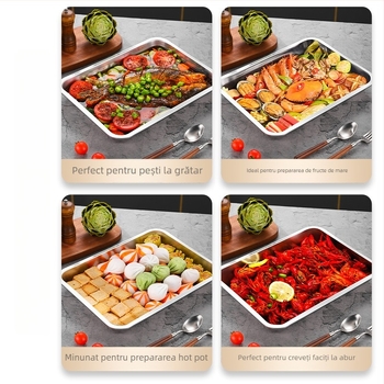 Tavă dreptunghiulară din oțel inoxidabil 304, îngroșată, pentru fructe, grătar, aburire orez, servire ceai