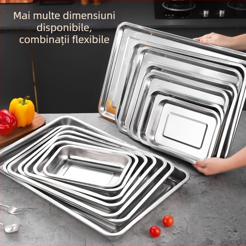 Tavă dreptunghiulară din oțel inoxidabil 304, îngroșată, pentru fructe, grătar, aburire orez, servire ceai