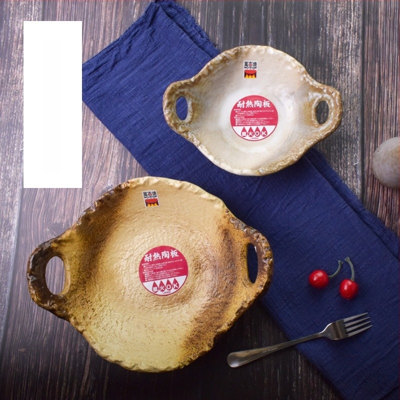 Placă ceramică pentru foc direct, stil japonez, rezistentă la căldură, cu mâner dublu