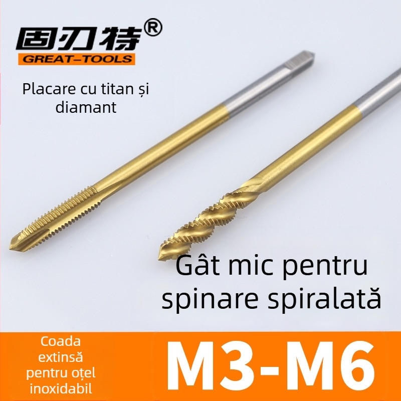 Filetat pentru mașină, cu conținut de cobalt, vârf extins mic, canelură în spirală, pentru filete în găuri adânci, din oțel inoxidabil