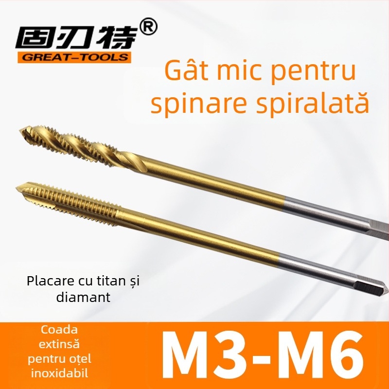Filetat pentru mașină, cu conținut de cobalt, vârf extins mic, canelură în spirală, pentru filete în găuri adânci, din oțel inoxidabil