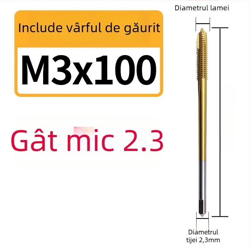 Filetat pentru mașină, cu conținut de cobalt, vârf extins mic, canelură în spirală, pentru filete în găuri adânci, din oțel inoxidabil