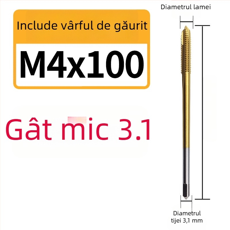 Filetat pentru mașină, cu conținut de cobalt, vârf extins mic, canelură în spirală, pentru filete în găuri adânci, din oțel inoxidabil