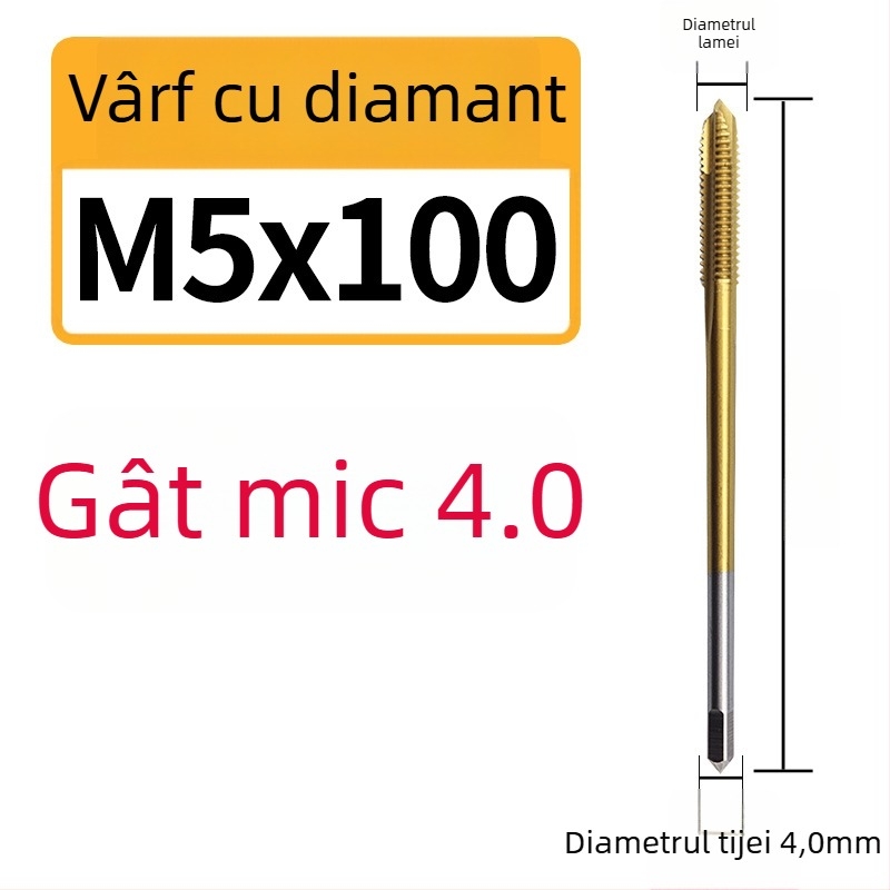 Filetat pentru mașină, cu conținut de cobalt, vârf extins mic, canelură în spirală, pentru filete în găuri adânci, din oțel inoxidabil