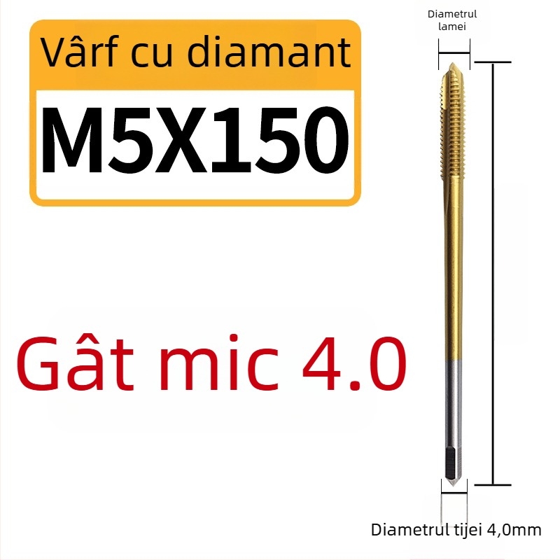 Filetat pentru mașină, cu conținut de cobalt, vârf extins mic, canelură în spirală, pentru filete în găuri adânci, din oțel inoxidabil