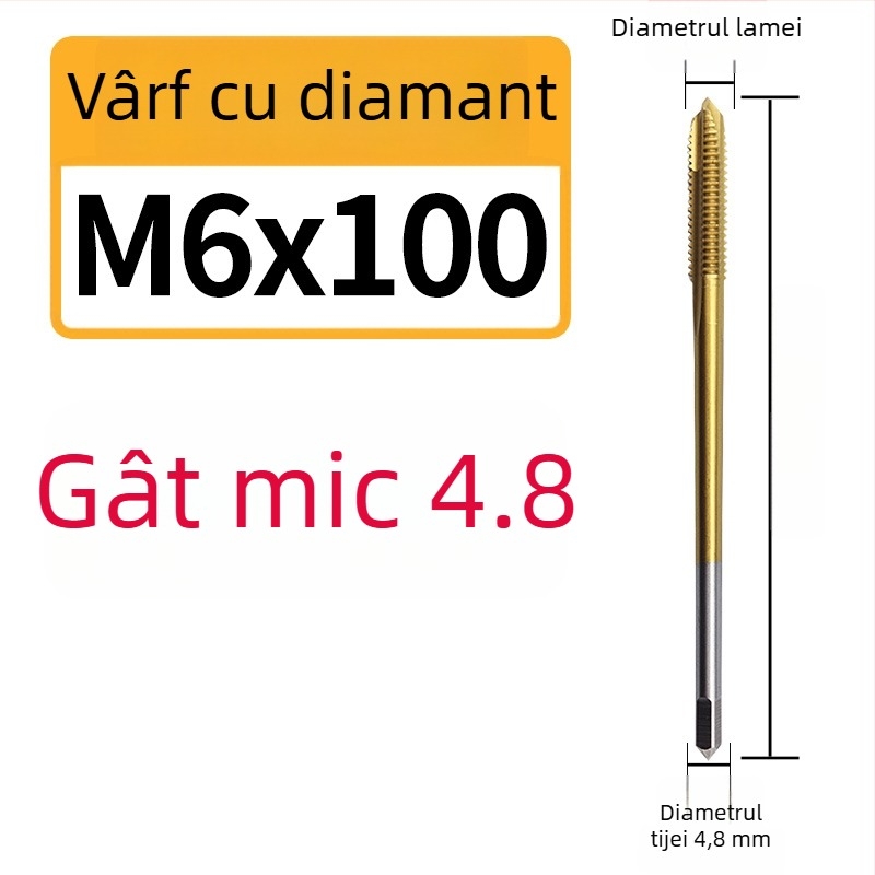 Filetat pentru mașină, cu conținut de cobalt, vârf extins mic, canelură în spirală, pentru filete în găuri adânci, din oțel inoxidabil