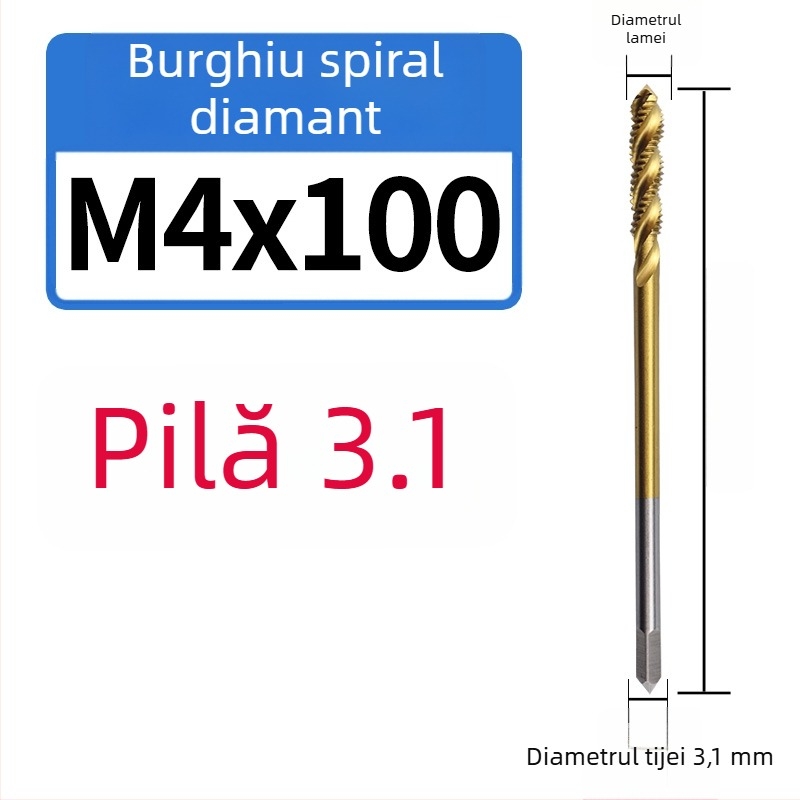 Filetat pentru mașină, cu conținut de cobalt, vârf extins mic, canelură în spirală, pentru filete în găuri adânci, din oțel inoxidabil