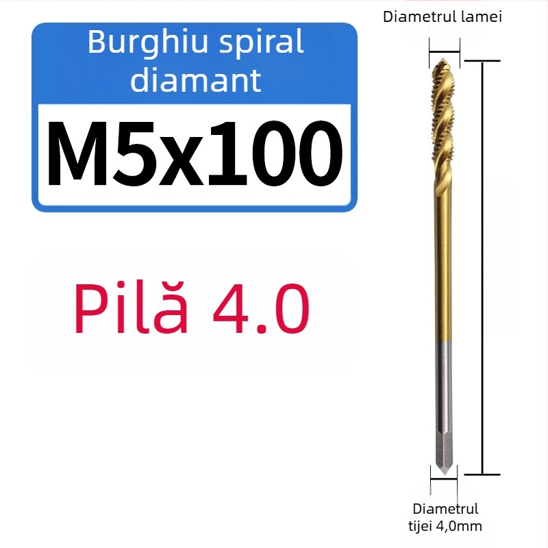 Filetat pentru mașină, cu conținut de cobalt, vârf extins mic, canelură în spirală, pentru filete în găuri adânci, din oțel inoxidabil