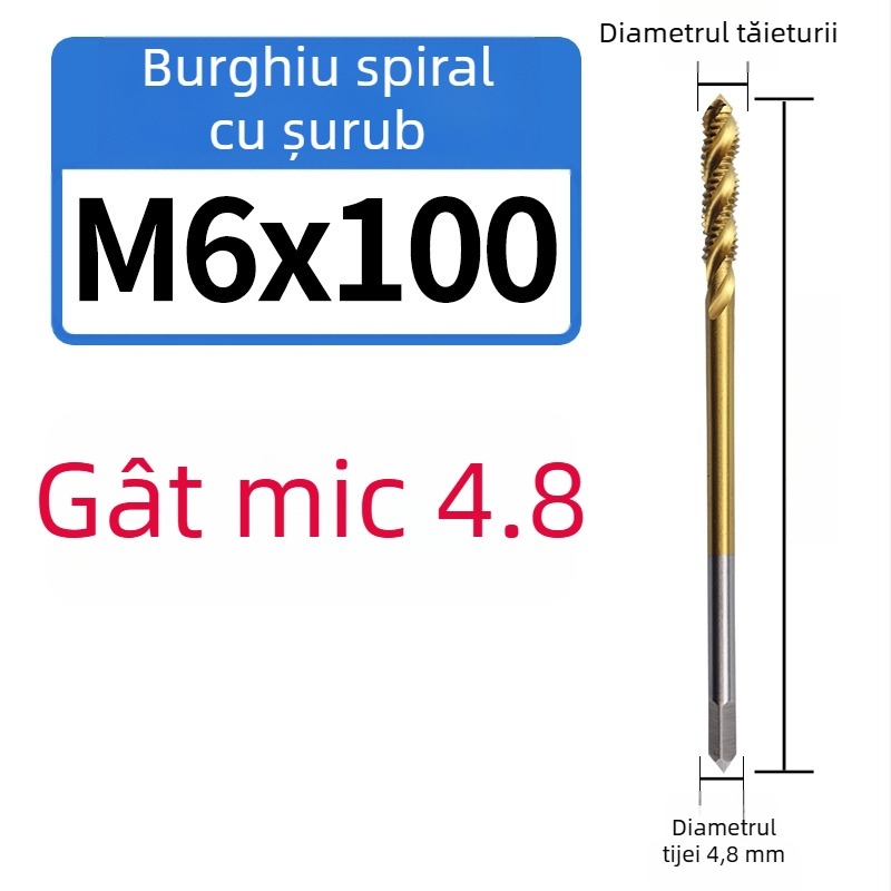 Filetat pentru mașină, cu conținut de cobalt, vârf extins mic, canelură în spirală, pentru filete în găuri adânci, din oțel inoxidabil