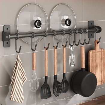 Raft de depozitare pentru bucătărie montat pe perete, fără găuri, cu cârlige pentru linguri, spatule și cuțite